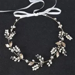 ウェディング ヘッドドレス パール リーフ ゴールド