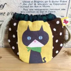 ハンドメイド　まるいミニ巾着 (ネコ　イエロー　水玉)