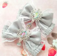 リボン ヘアクリップ 左右2個セット 量産型 地雷系 シルバーグレー×白レース