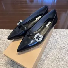 【裏張り済み】1度着用 OHGA ビジュー付きブラックフラットパンプス 23