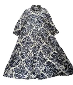 ZARAボタニカル総柄ロングシャツワンピース白ネイビー Lフレアフラワー花柄ザラ