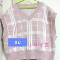 【GU 】 Vネックニットベスト　ピンクチック柄　 Lサイズ
