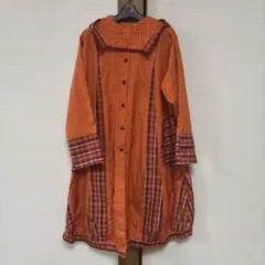 シルク紬　リメイクロングコート　フード付き　手縫いオレンジ チェック柄
