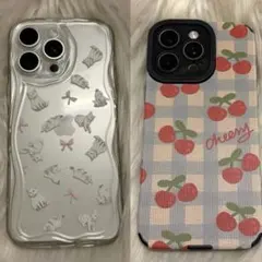 iPhone 15 pro max ケース 2点セット ネコ リボン チェリー