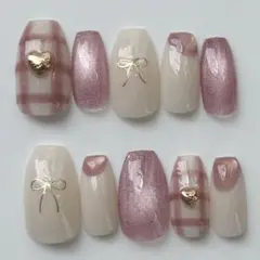 サイズオーダー　ネイルチップ　春　チェック　ちゅるん　韓国風　ニュアンス