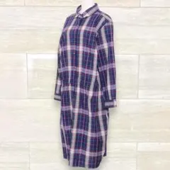 美品 23区 シャツワンピース 綿 麻 チェック柄 紫 48のサムネイル