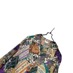 ヴィンテージ古着光沢シルク風総柄幾何花柄オープンカラーシャツブラウス長袖レトロ