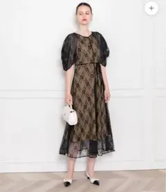 パフスリーブウエストリボンレースワンピースドレス　M