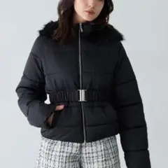 ショート丈ファーフード付ウエストベルトエ コダウンコート