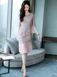 フレア袖 韓國 結婚式 代 パーティードレス お呼ばれドレス  黒ドレスG