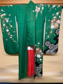 【訳あり美品】振袖 グリーン 花柄 華やか 成人式 前撮り リメイク