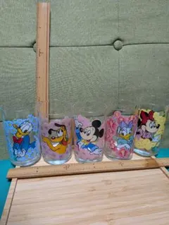 レトロ　ディズニーキャラクター　花柄　ガラスタンブラー　グラス　5個セット