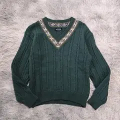 ​美品 ファミリア ケーブルニット セーター 140 ウール 緑 Vネック