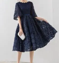 パーティードレス　結婚式など ネイビー レース 半袖 ワンピース 膝丈