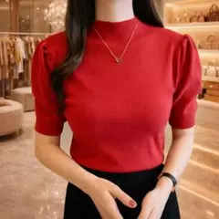 【新品】リブニット レディース 春 ニット 半袖 赤 パフスリーブ サマーニット