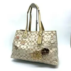 COACH トートバッグ シグニチャー柄 フローラルアップリケ ベージュ