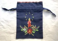 クリスマス　キャンドル刺繍ポーチ ネイビー