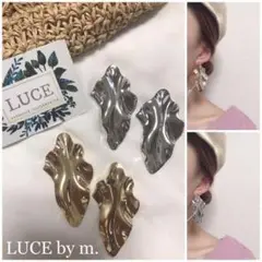 169 ゴールド シルバー 大ぶり リーフ メタル ウェーブ プレート ピアス