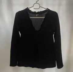 axes femme 黒い長袖ニット フリル リボン付き ラメトップス