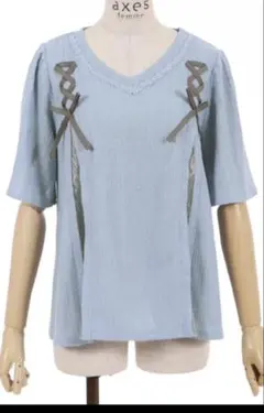 axes femme 半袖　水色 あみあみ レース 可愛い リボン M