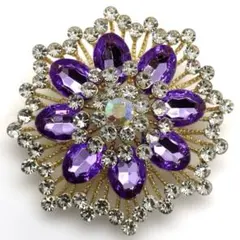 花モチーフ ラインストーン ブローチ パープル ヴィンテージ風 アンティーク調