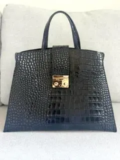 クロコ型押し レザーバッグ ブラック ゴールド金具 ハンドバッグ