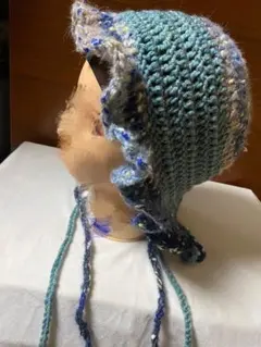 ハンドメイド フリルボンネット　青系帽子