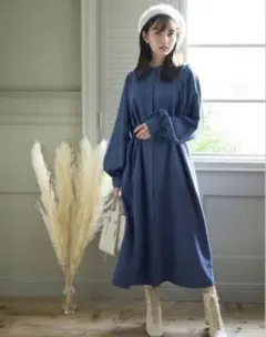 【美品】リボンベルト付ウィングショルダーシャツワンピース pp048