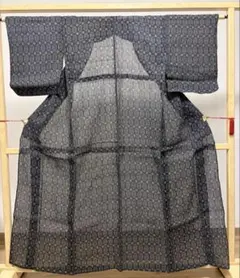 B 夏物 ススキ模様 白黒 絽 紗 薄物 化繊 小紋 着物 着丈160 K399