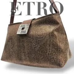 【美品】エトロ　ショルダーバッグ　ペイズリー柄　ロゴ金具　肩掛け　キャンバス　茶