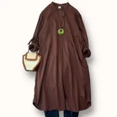 美品♪MHL M コットン ノーカラー 長袖 シャツワンピース 膝丈 ブラウン