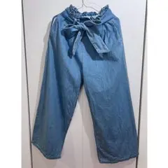 早い者勝ち！　再値下げ　デニム　ワイドパンツ　ワイドデニム　リボンベルト付き　M