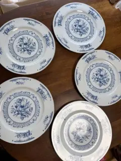 青い花柄皿 レトロ　5枚セット