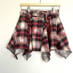 ベルトデザイン　ゴシックフレアミニスカート チェック柄　レッド系　秋葉原
