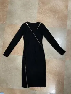 ブラックニットワンピース 長袖 ジッパーデザイン サイズM