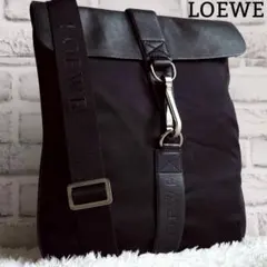 ロエベ ショルダーバッグ A4収納可 斜め掛け 黒 レザー ナイロンキャンバス