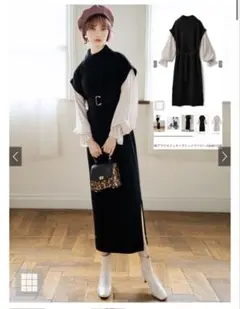 GRL 長袖 袖ブラウス ドッキング ニット ワンピース 黒