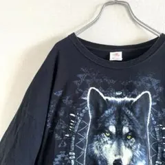 used ウルフ柄Tシャツ 狼 ビッグシルエット アニマル柄 ブラック 古着のサムネイル