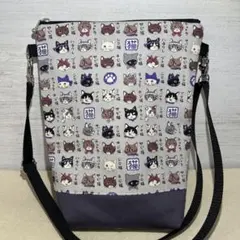 長財布が入る縦長ポシェット/283/斜めがけ/ハンドメイド/猫図鑑グレー