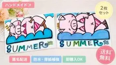 ハンドメイド イラスト 豚 サマー 夏 手描き　暑中見舞い ポストカード はがきのサムネイル