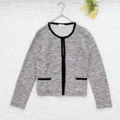 インデックス　ノーカラーツイードジャケット　L 紺　綿混　上品　セレモニーのサムネイル