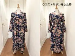 173 着物リメイク ロングワンピース 正絹 型染め花鳥文 ウエストリボン付