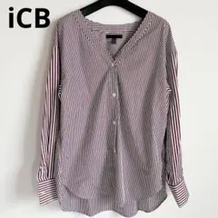 【美品】iCB アイシービー ストライプVネックシャツ ブラウス ボルドーのサムネイル