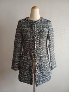 新品 ファンシーツイードノーカラージャケットコート（ブラック・Sサイズ）