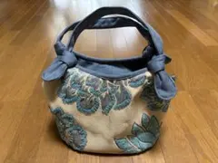 花柄刺繍 ハンドバッグ ベージュ/青