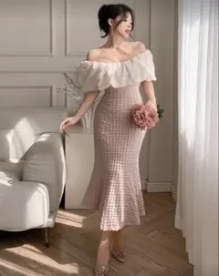 オフショルダー フリル ピンク ドレス