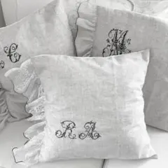 フランスアンティークリネンクロス*ハシゴレースクッションカバー*レースフリル