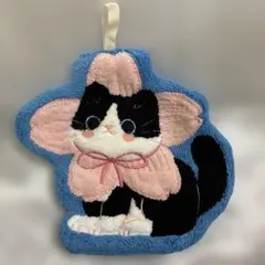 黒白猫デザイン タオルハンカチ 吊り下げ ループタオル ハンドタオル