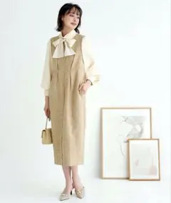 ミックスツイードコンビ・ロングナローワンピースドレス