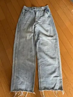 ライトブルー フリンジ裾 ワイドレッグデニム